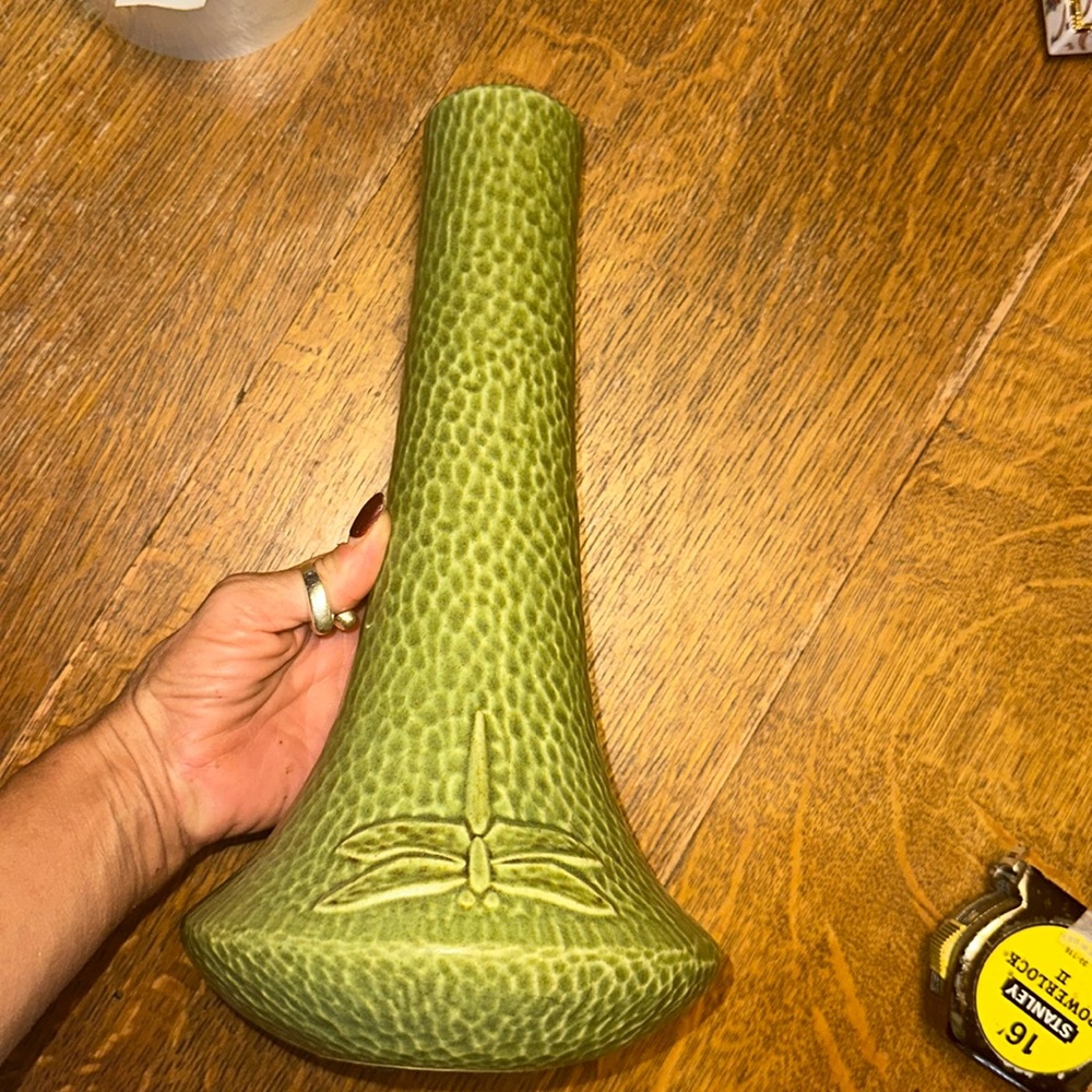 Tall Green Lonesomeville Pottery Dragonfly Vase